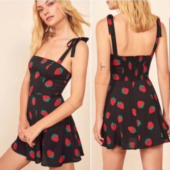 Size 0 Reformation Strawberry Print Mini Dress Tie Straps XS/XXS Zip Back - Picture 1 of 4